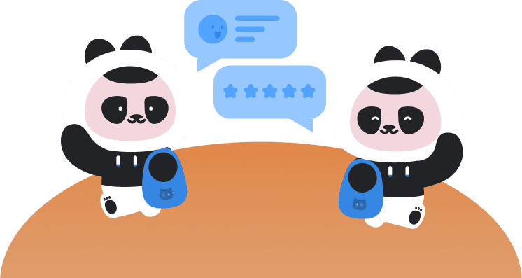 팬더 두 마리가 파란 장바구니를 메고 서로 상품 후기를 주고받는 일러스트